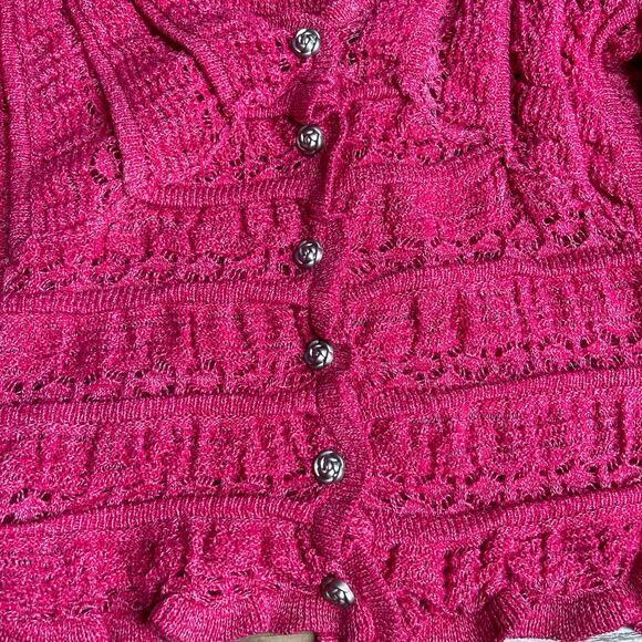 Free People Wild Roses Pink Ruffle Knit Cardigan Sweater NWT Size S Wild Berry - Picture 8 of 11
